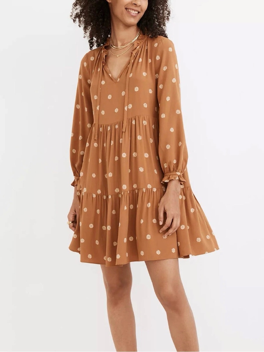 Madewell Women Tie-Neck Tiered Mini Dress in Bloom Dot Warm Hickory Size Large